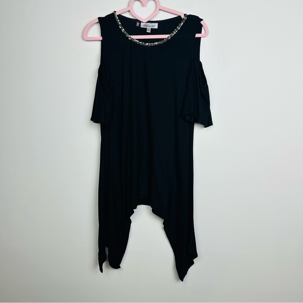 Jennifer Lopez Black Blouse with Silver Accents cold shoulder size Medium
